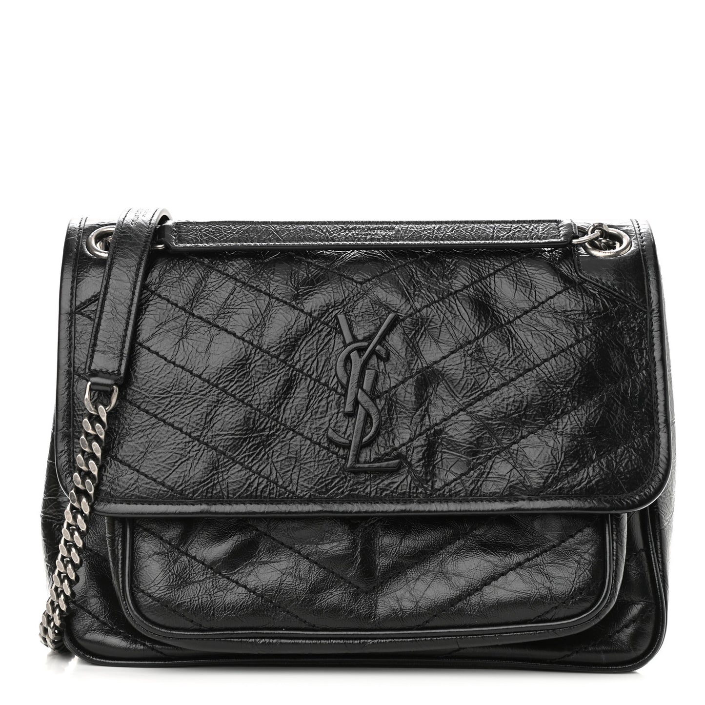 Crinkled Calfskin Matelasse Monogram Medium Niki Chain Satchel Black
