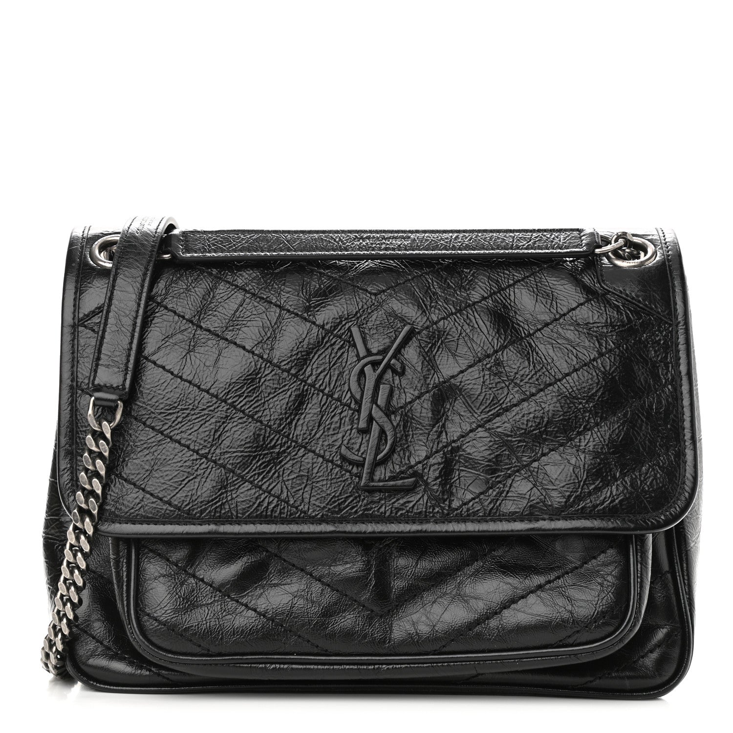 Saint Laurent Crinkled Calfskin Matelasse Monogram Medium Niki Chain Satchel Black 1 of 13