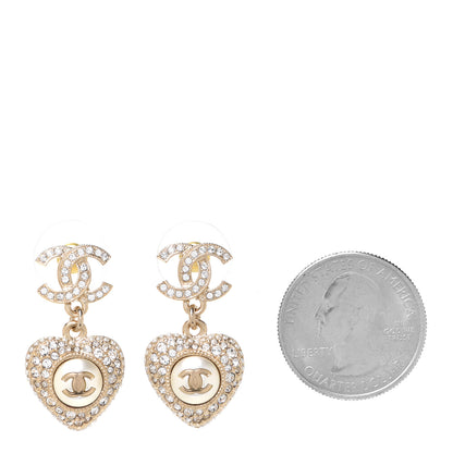Chanel Pearl Crystal CC Heart Drop Earrings Gold White 2 of 5