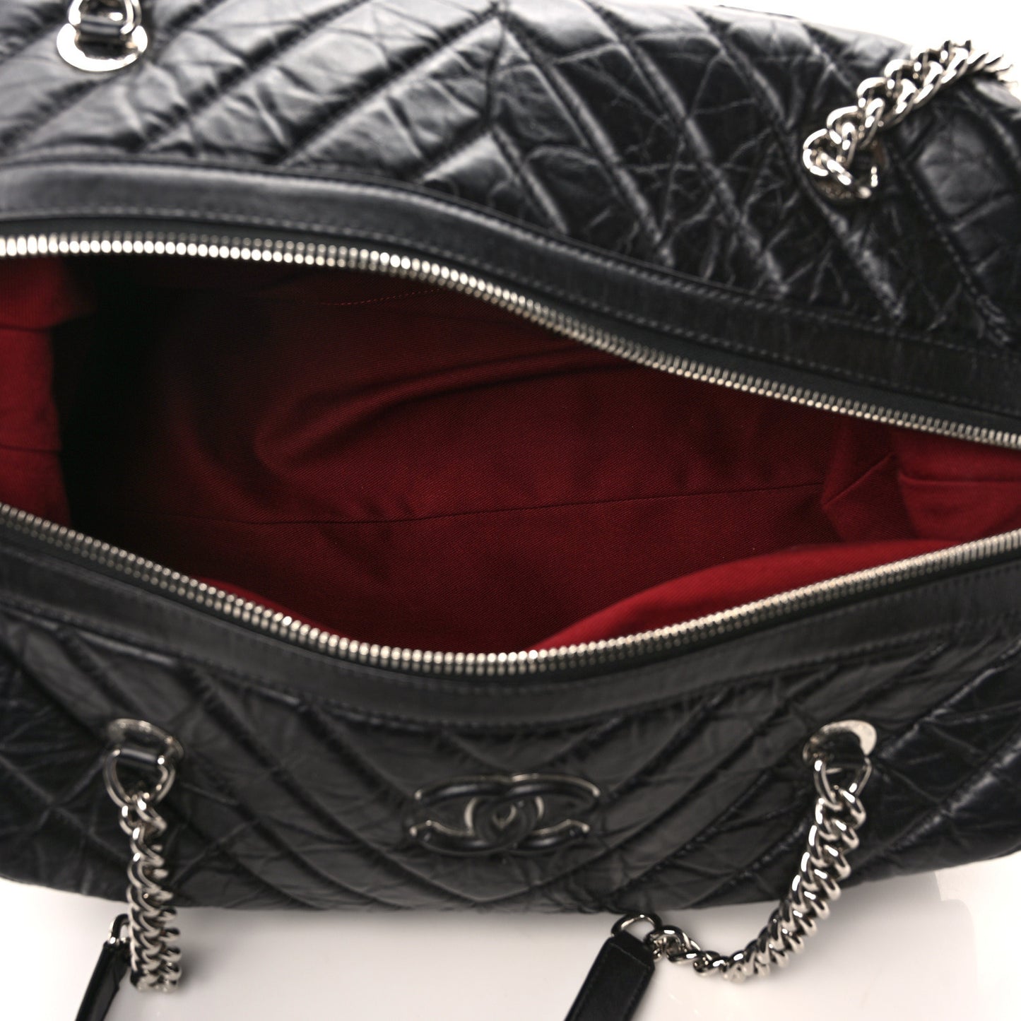 Aged Calfskin Chevron Quilted Duffle Bag Black