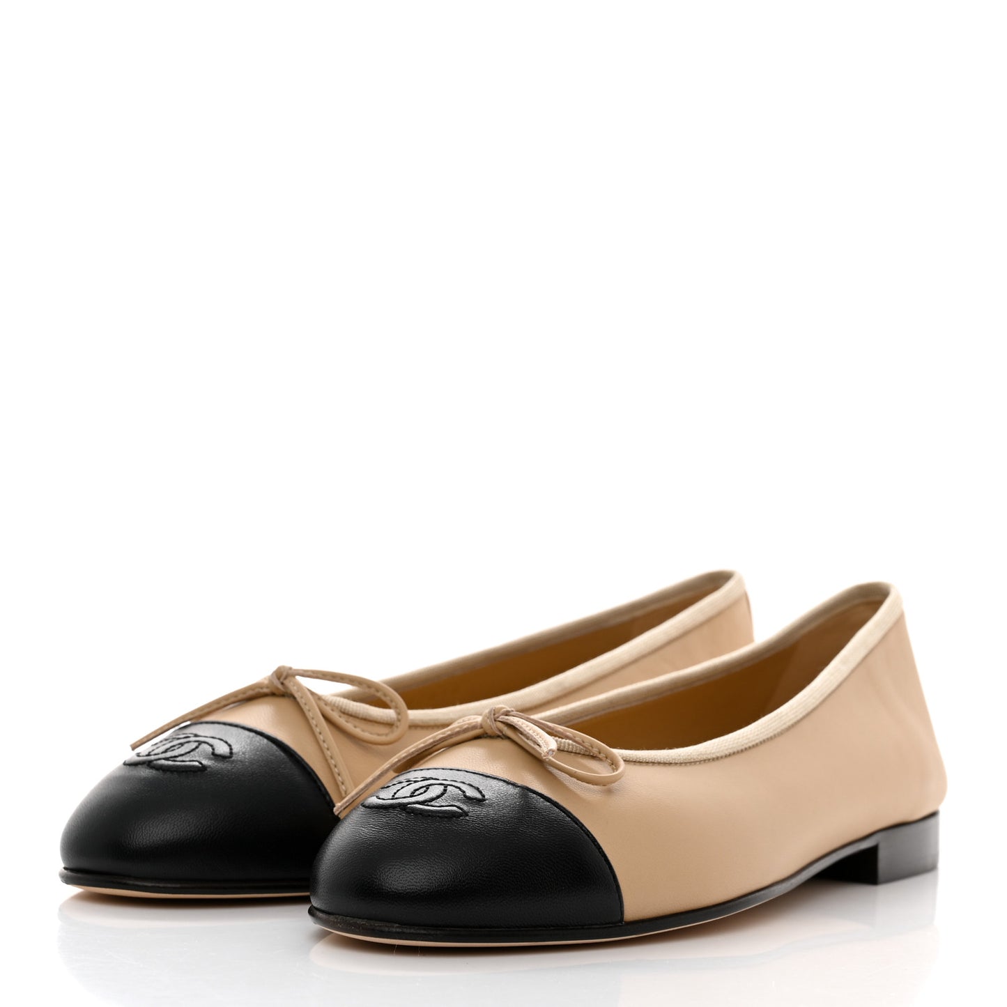 Lambskin Cap Toe Ballerina Flats 38.5 Beige Black