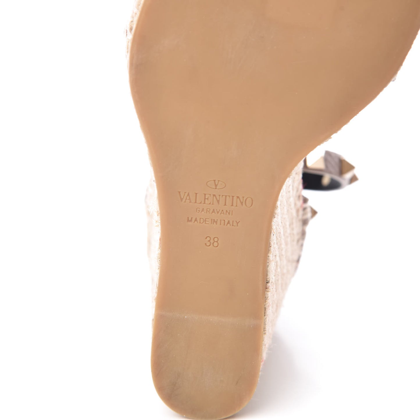 Grained Calfskin Rockstud Ankle Strap Espadrille 15/105mm Wedge Sandals 38 Poudre Natural