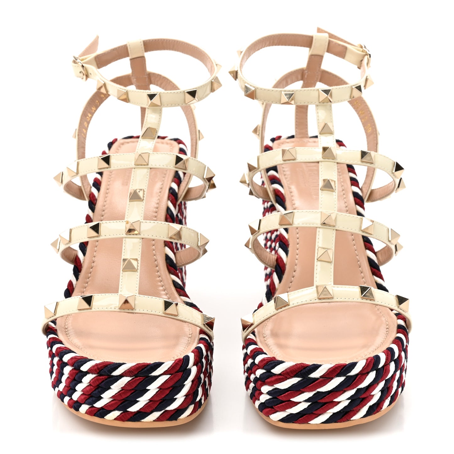 Patent Rockstud Ankle Strap Torchon Espadrille Caged 25/95mm Wedge Sandals 39 Light Ivory