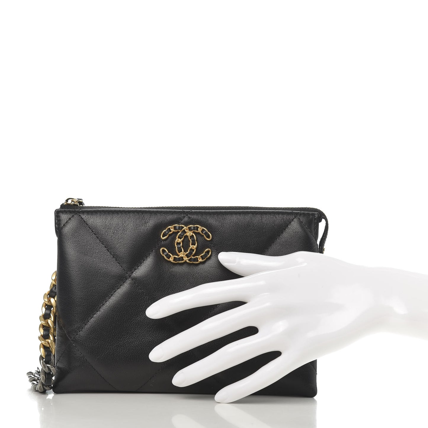Shiny Goatskin Quilted Small Chanel 19 Pouch With Handle Black