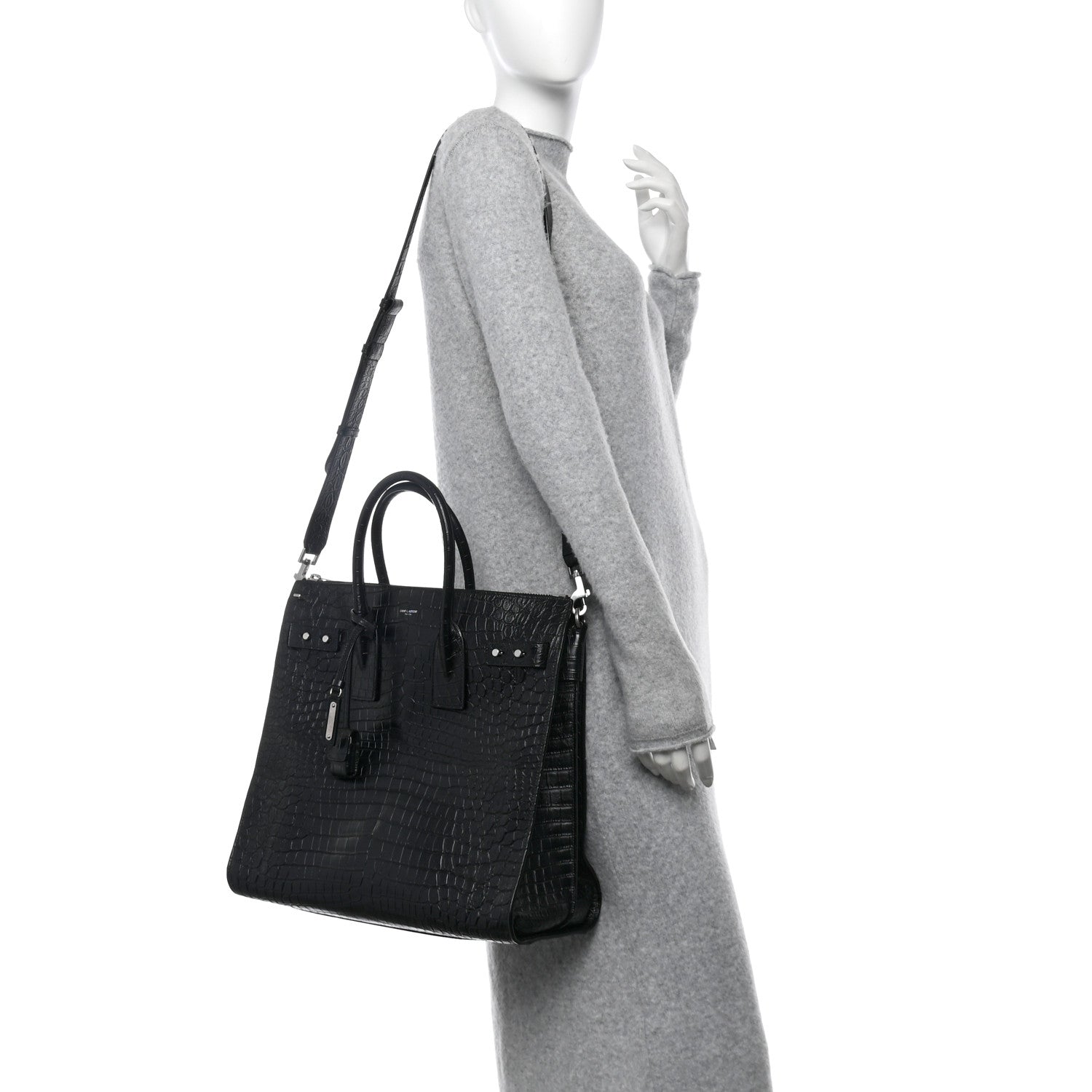 Saint Laurent Calfskin Crocodile Embossed Souple North South Tote Black 2 of 10