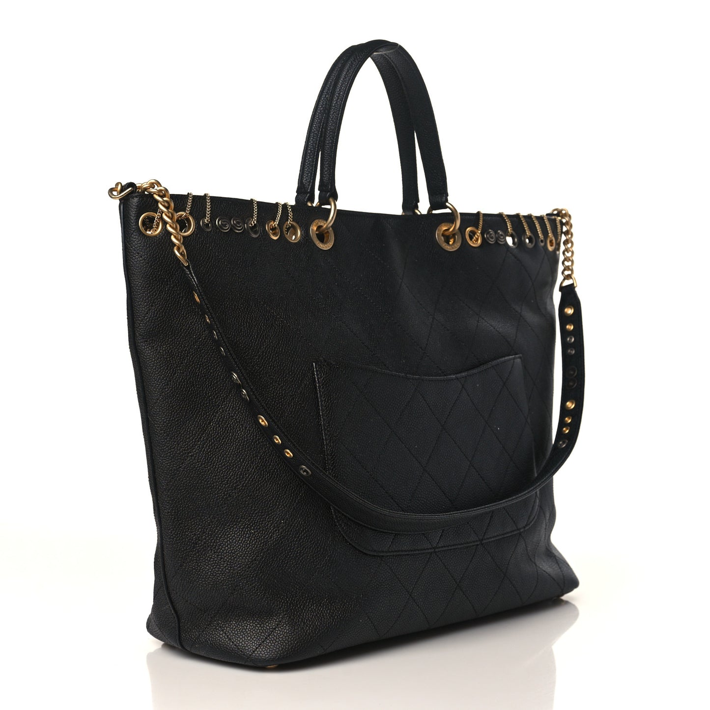 Caviar Quilted Grommet Embellished Piercing Chic Tote Bag Black