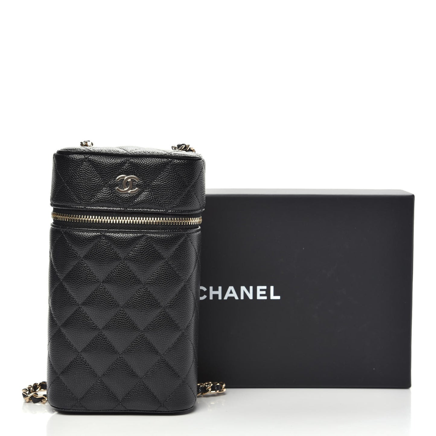 Caviar Quilted Phone Holder With Chain Black