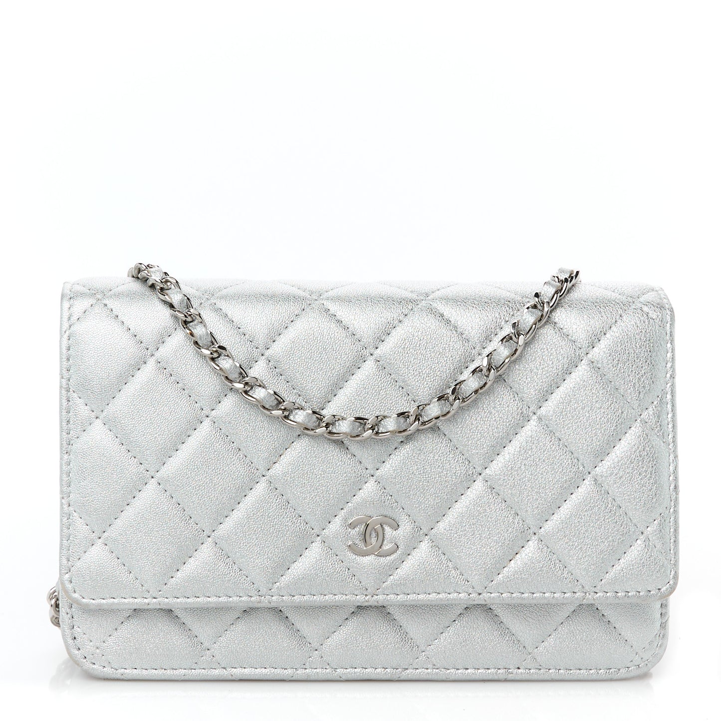 Metallic Lambskin Quilted Wallet On Chain WOC Silver