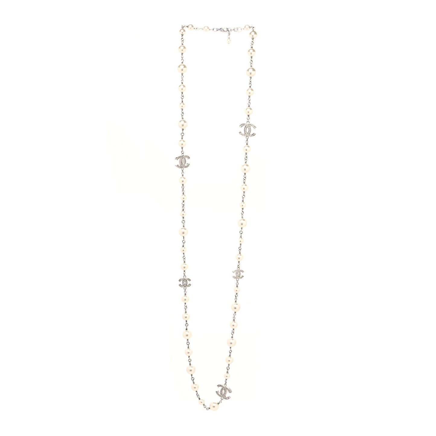 Graduated Pearl Crystal CC Long Necklace Silver