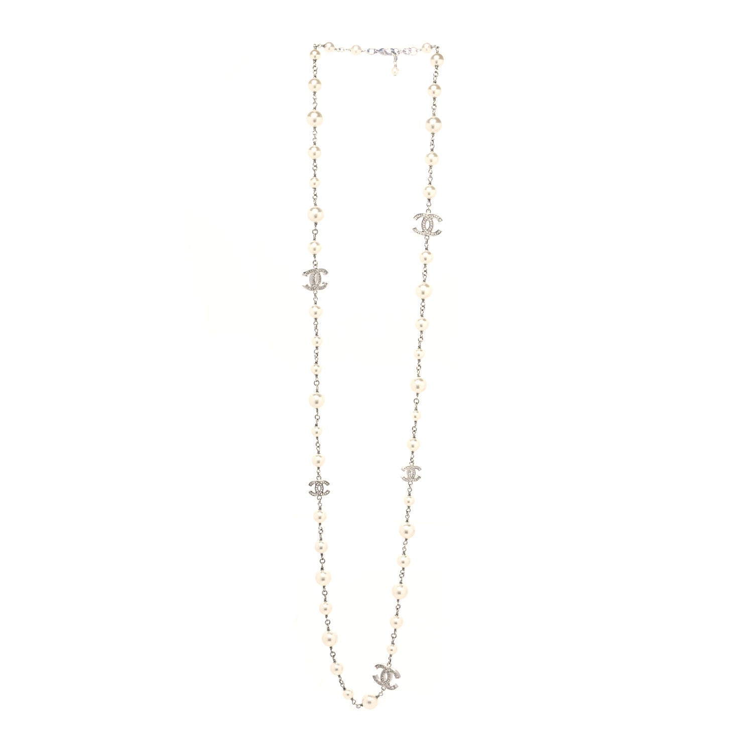 Chanel Graduated Pearl Crystal CC Long Necklace Silver 2 of 3