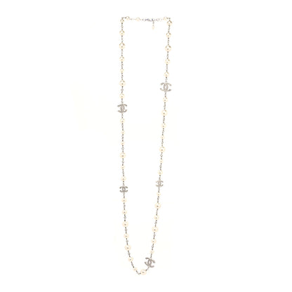 Chanel Graduated Pearl Crystal CC Long Necklace Silver 2 of 3