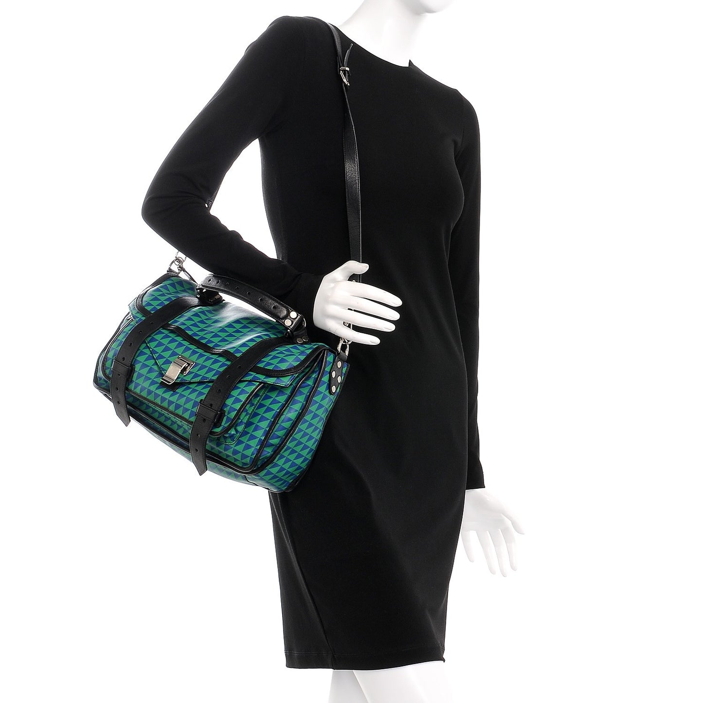 Calfskin Triangle Print Medium PS1 Satchel Blue Green
