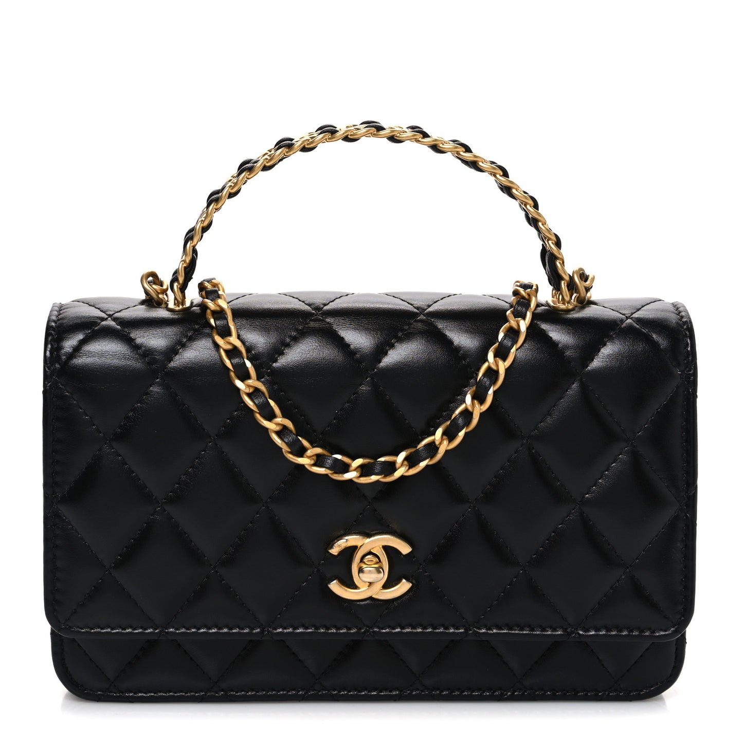 Shiny Calfskin Quilted Metal Top Handle Wallet On Chain WOC Black