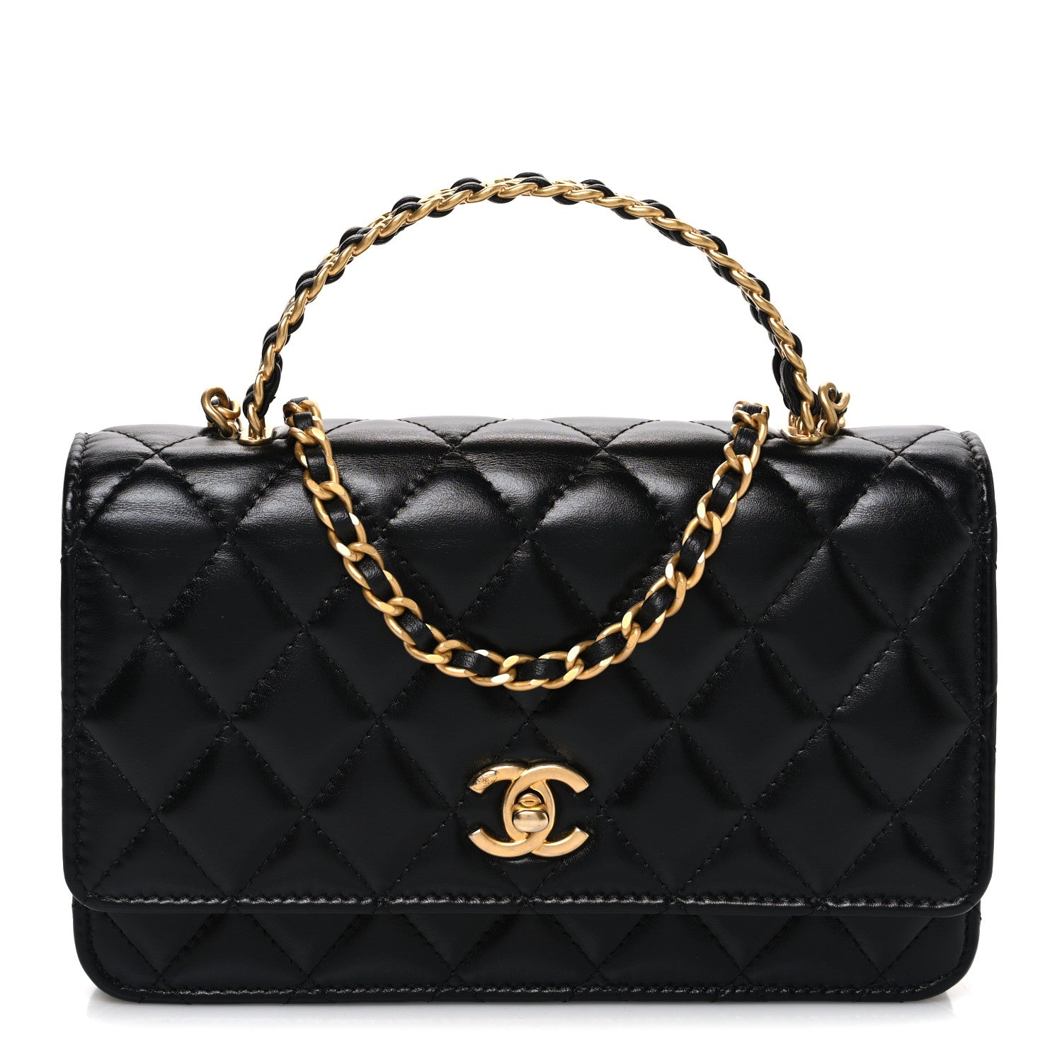 Chanel Shiny Calfskin Quilted Metal Top Handle Wallet On Chain WOC Black 1 of 11