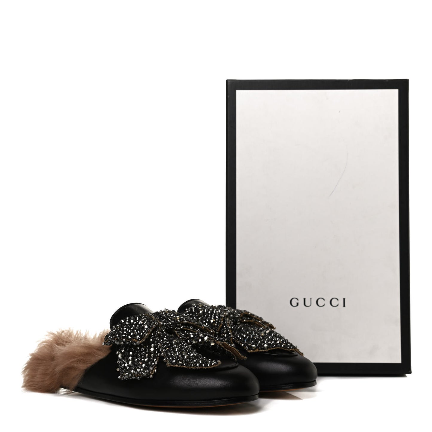 Malaga Kid Fur Crystal Bow Embroidered Womens Princetown Slippers 38 Black
