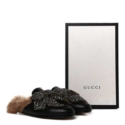 Gucci Malaga Kid Fur Crystal Bow Embroidered Womens Princetown Slippers 38 Black 10 of 10
