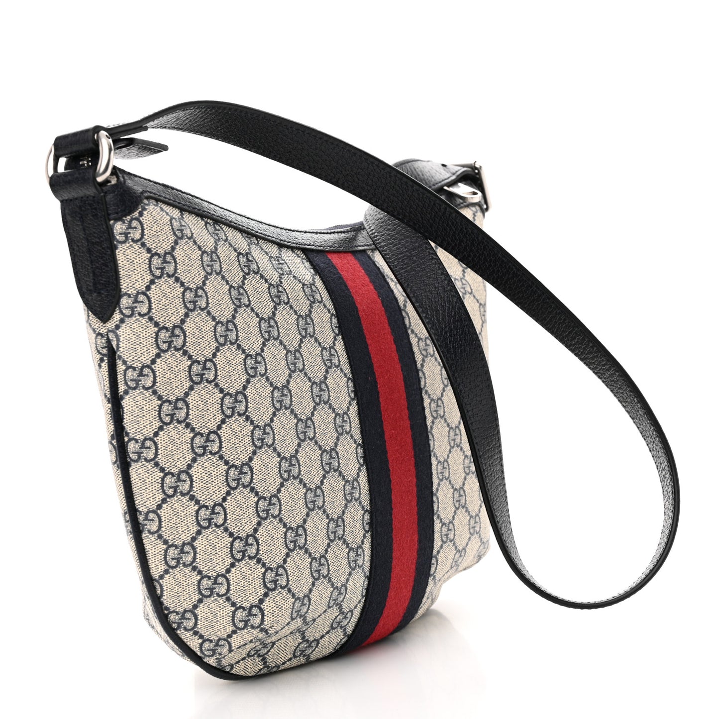 GG Supreme Monogram Textured Dollar Calfskin Web Small Ophidia Half Moon Hobo Beige Blue