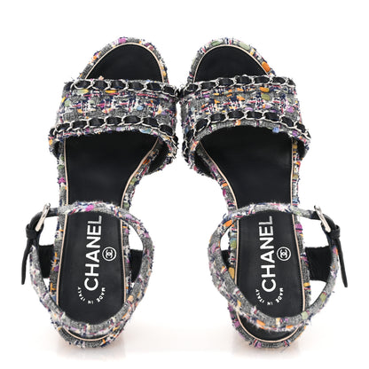 Chanel Tweed Cork Wedge Sandals 37 Navy Multicolor 2 of 10