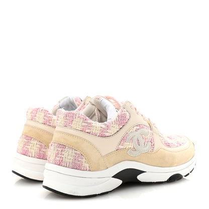 Chanel Tweed Suede Calfskin Womens CC Sneakers 35 Pink Ecru 5 of 9
