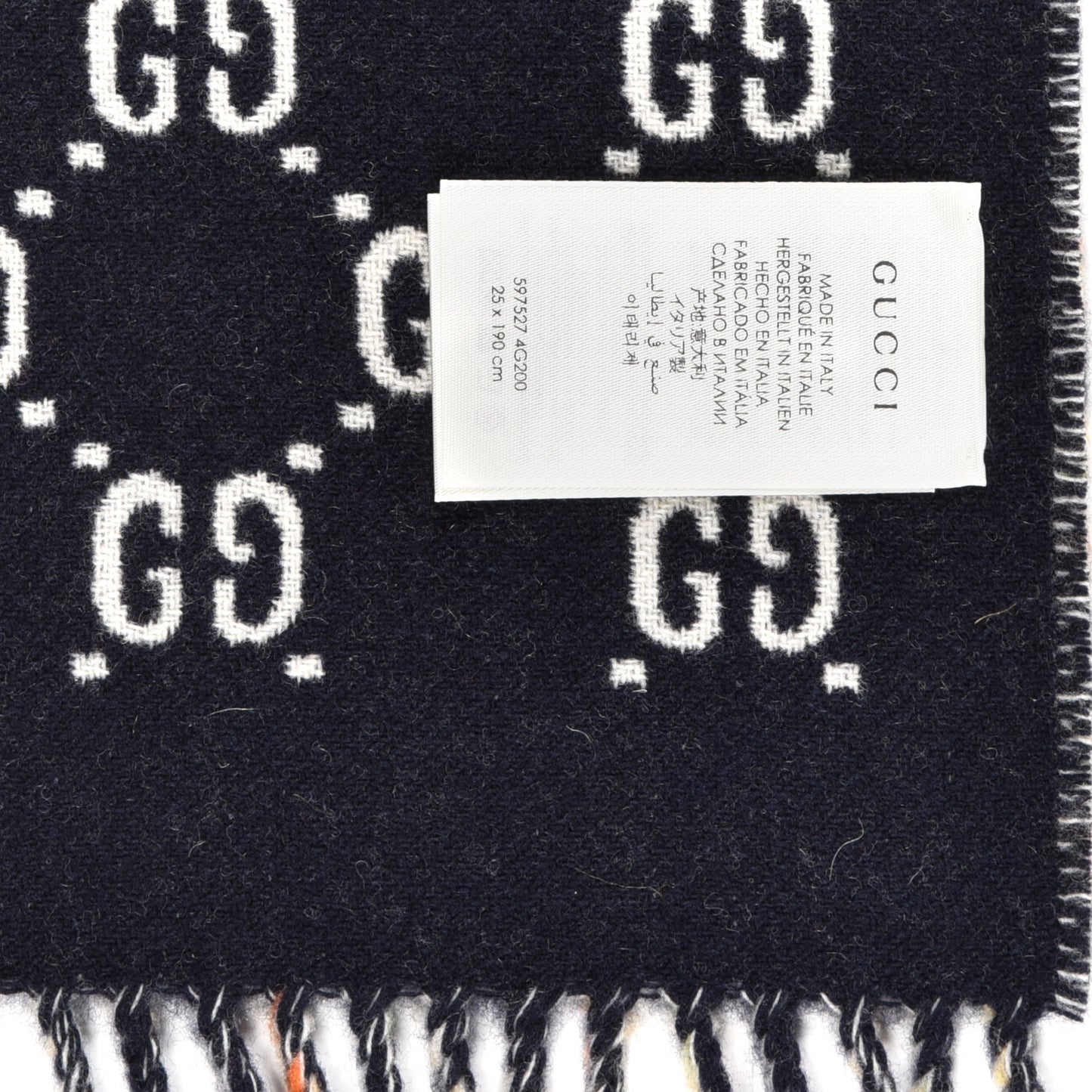 Wool GG Monogram Plaid Rise Reversible Fringe Scarf Midnight Blue Cream