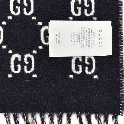 Gucci Wool GG Monogram Plaid Rise Reversible Fringe Scarf Midnight Blue Cream 4 of 4