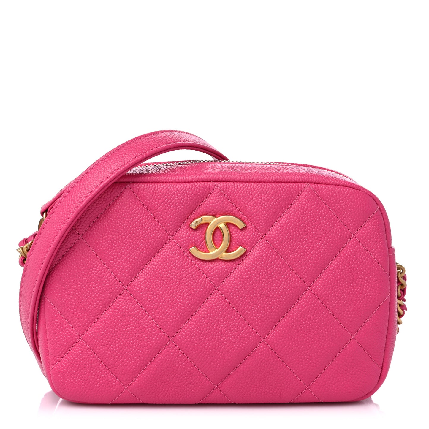 Shiny Caviar Quilted Chain Melody Camera Bag Fuchsia