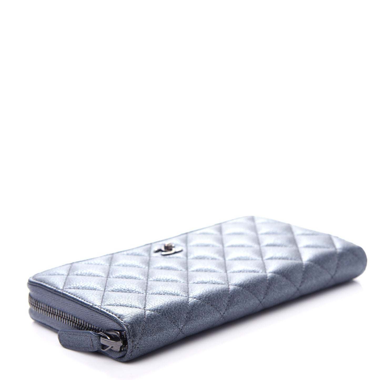 Metallic Calfskin Quilted Large Gusset Zip Around Wallet Charcoal