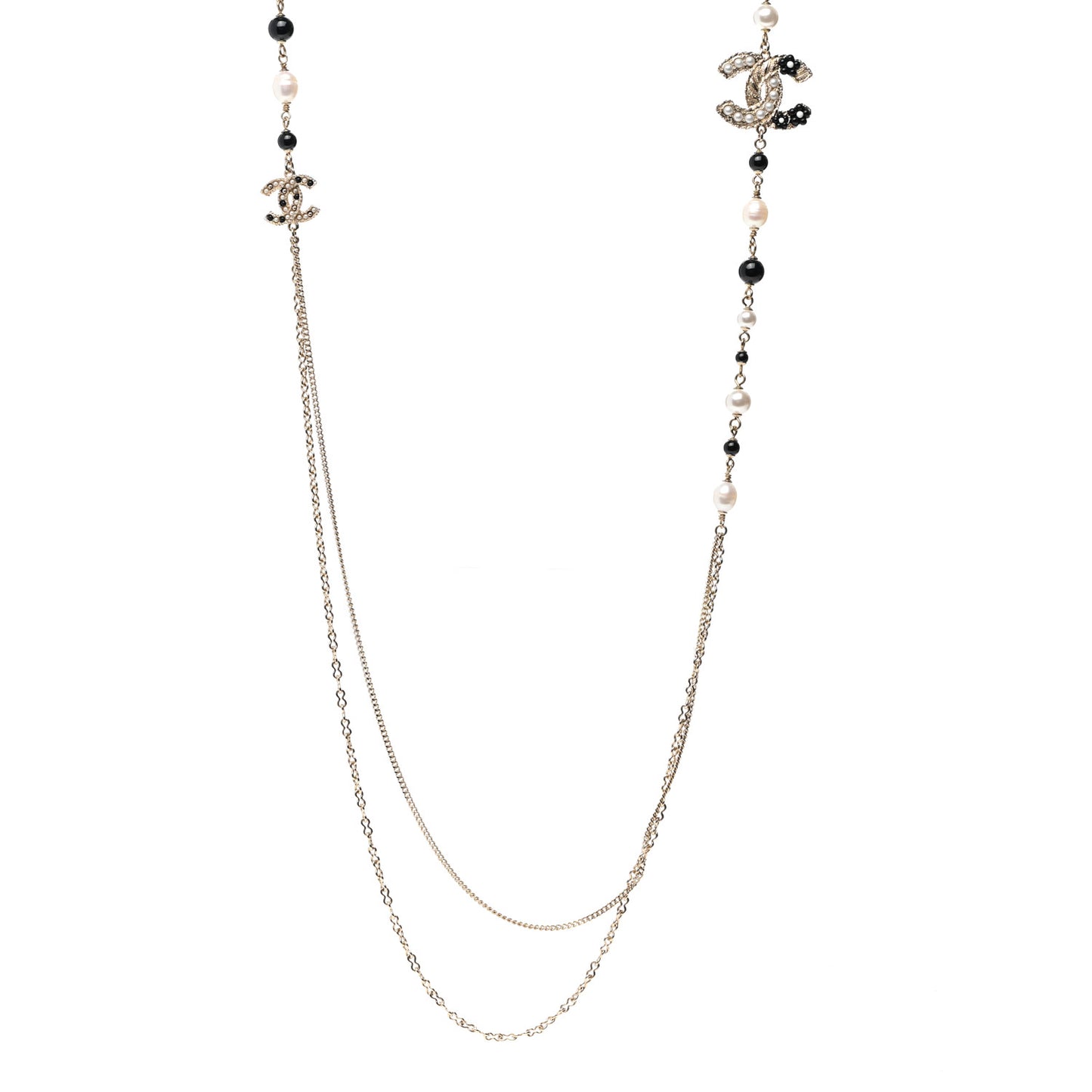 Pearl Glass Beaded CC Flower Long Necklace Gold White Black
