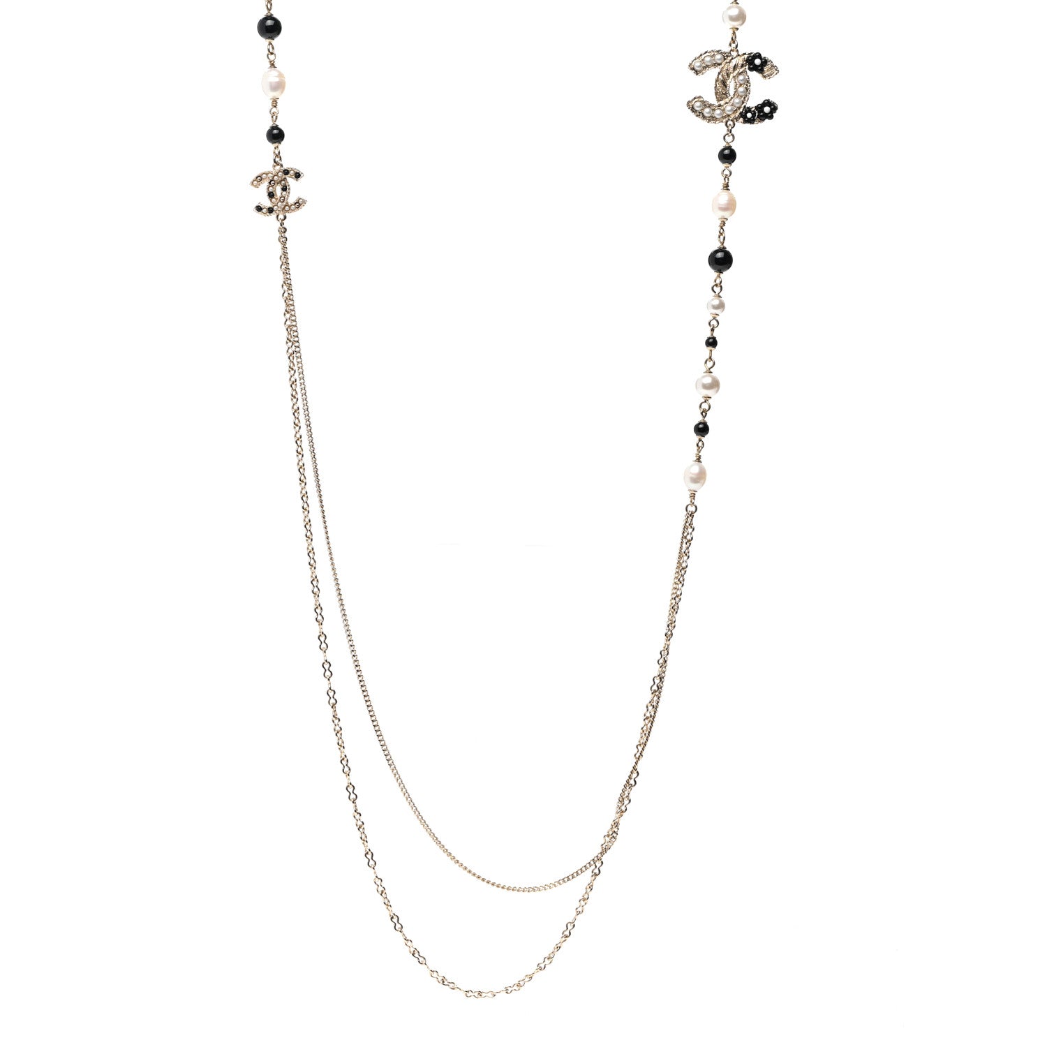 Chanel Pearl Glass Beaded CC Flower Long Necklace Gold White Black 1 of 6