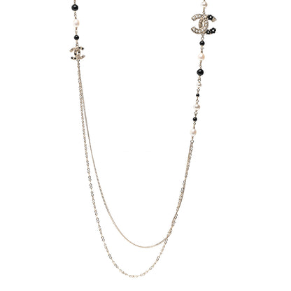 Chanel Pearl Glass Beaded CC Flower Long Necklace Gold White Black 1 of 6