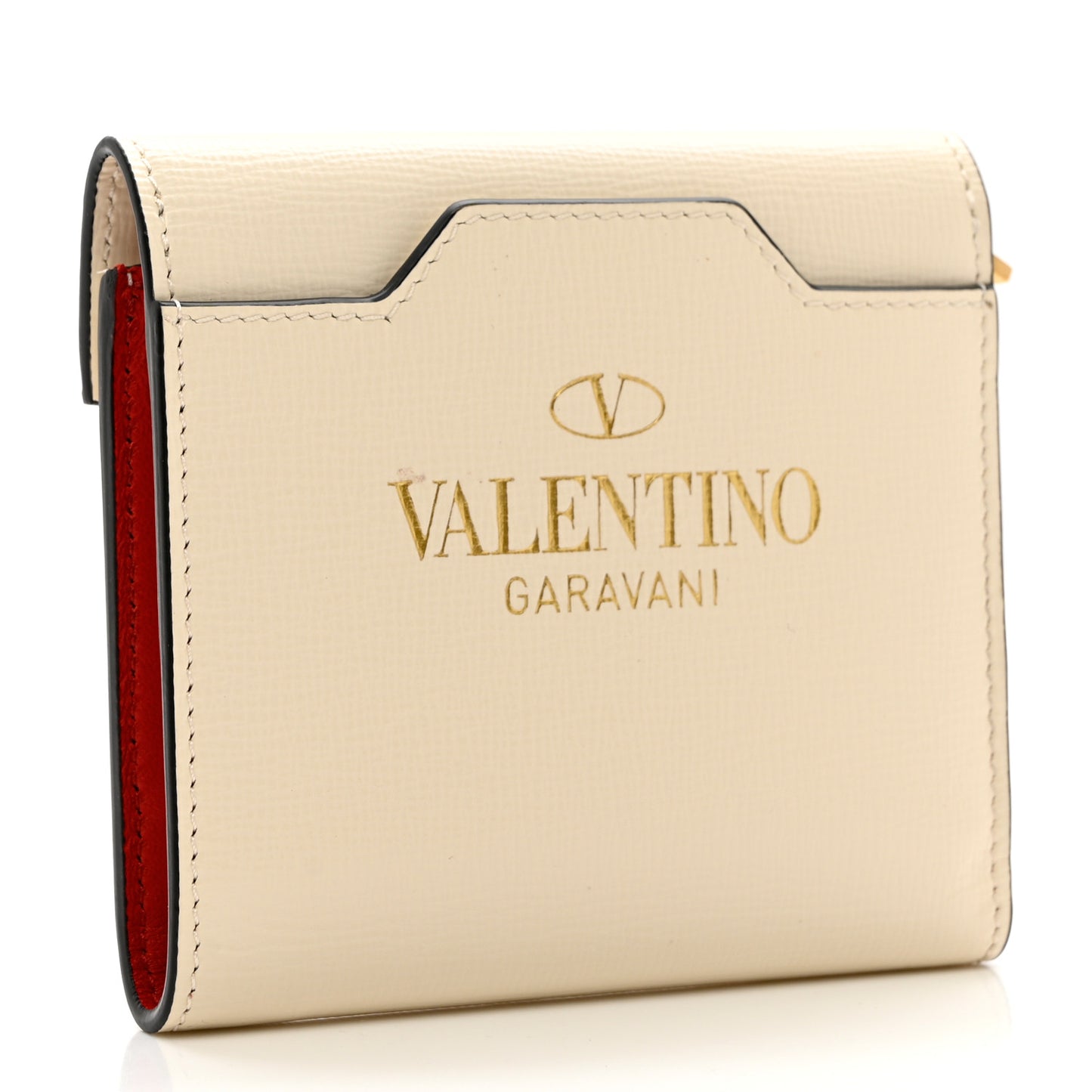 Grainy Calfskin Rockstud Compact Wallet Light Ivory