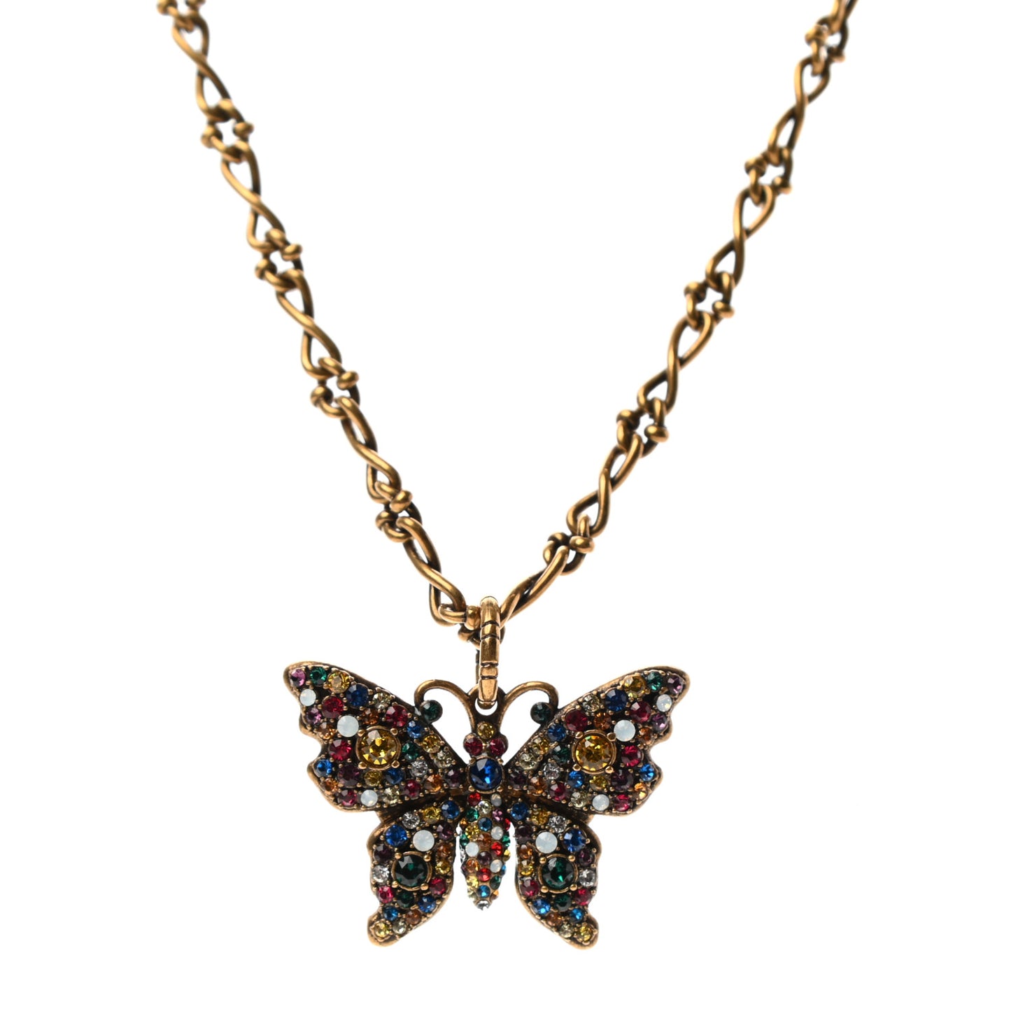 Metal Crystal Butterfly Necklace Aged Gold Multicolor