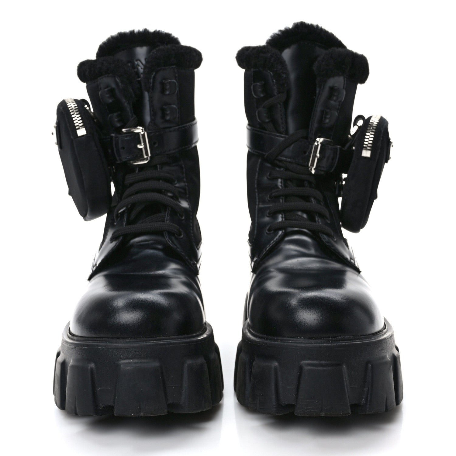 Prada Spazzolato Rois Nylon Shearling Metal Triangle Logo Monolith Pouch Pocket 55mm Boots 36.5 Black 2 of 11