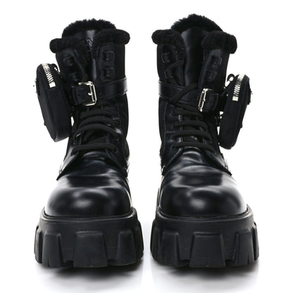Prada Spazzolato Rois Nylon Shearling Metal Triangle Logo Monolith Pouch Pocket 55mm Boots 36.5 Black 2 of 11