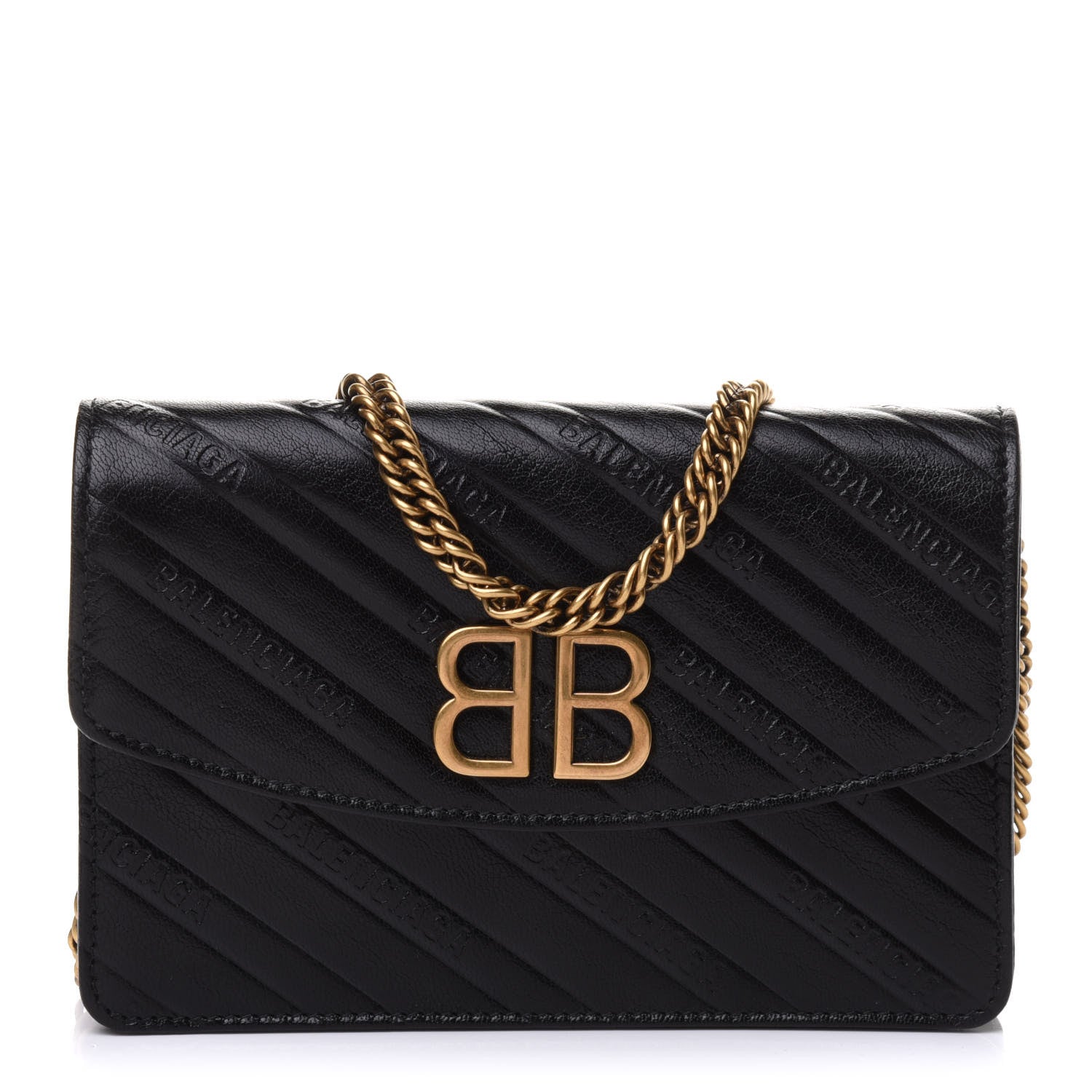 Balenciaga Shiny Goatskin Logo Embossed BB Wallet On Chain Black 1 of 8