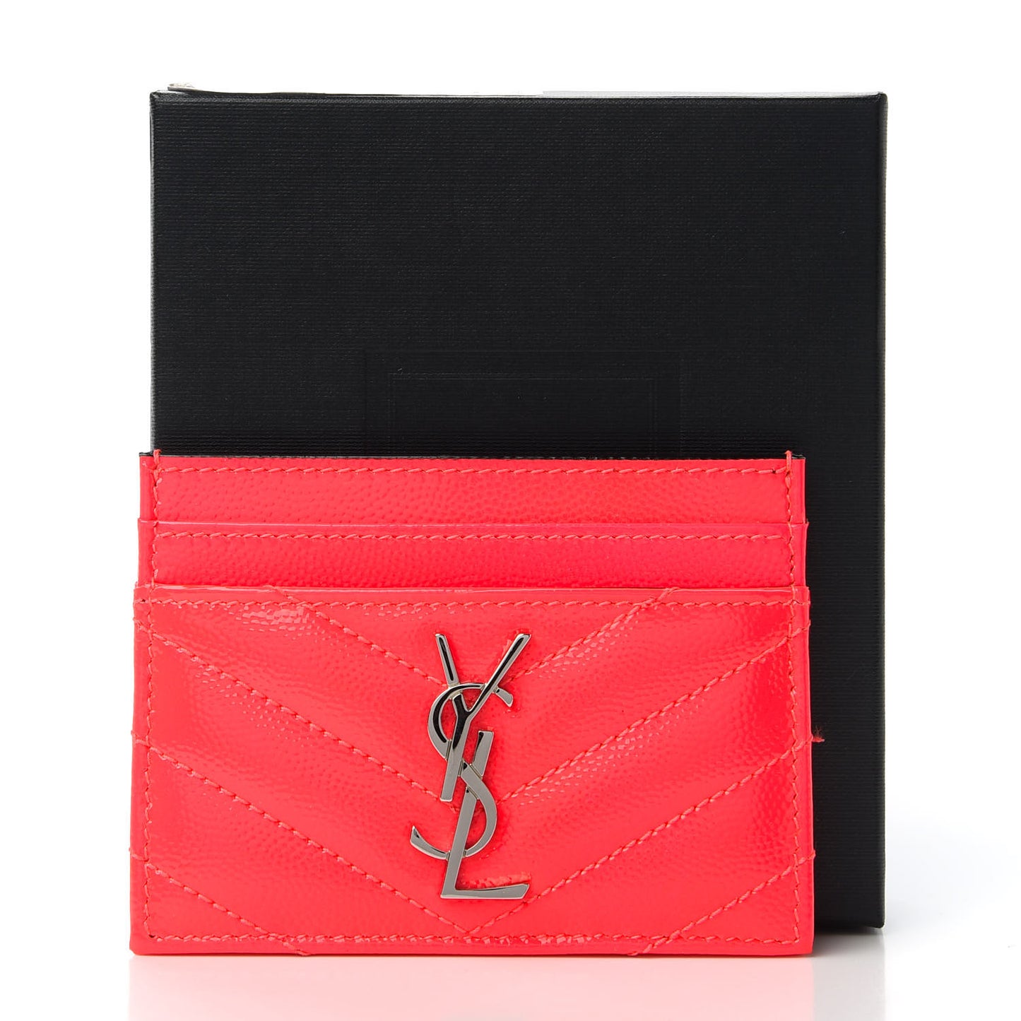 Patent Grain De Poudre Matelasse Chevron Monogram Credit Card Case Neon Pink