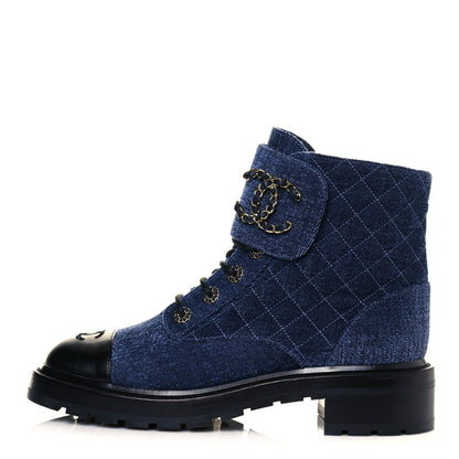 Chanel Shiny Calfskin Velvet Quilted Lace Up Combat Boots 41 Blue Black 1 of 7
