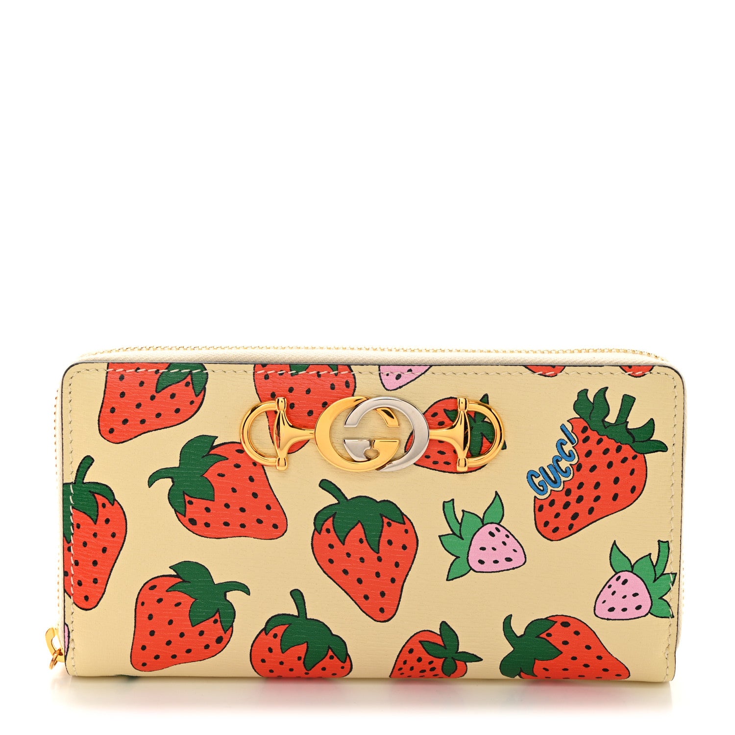 Gucci Grainy Calfskin Strawberry Zumi Zip Around Wallet Ivory Red 1 of 8