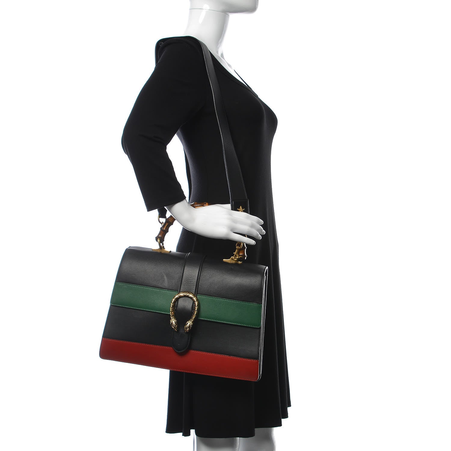 Gucci Calfskin Bamboo Web Large Dionysus Top Handle Bag Black Bright Evergreen Hibiscus Red 2 of 11