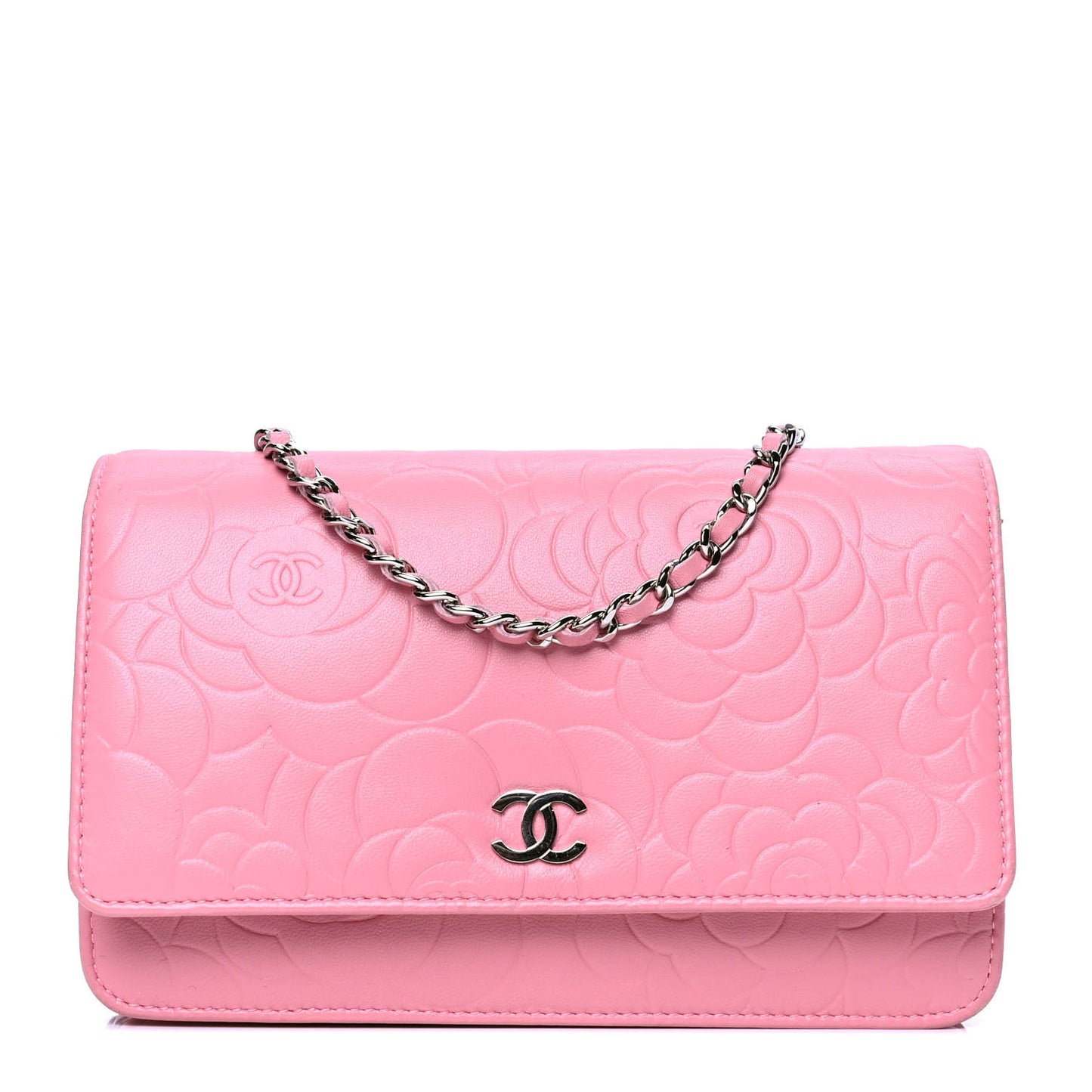 Lambskin Camellia Embossed Wallet On Chain WOC Pink