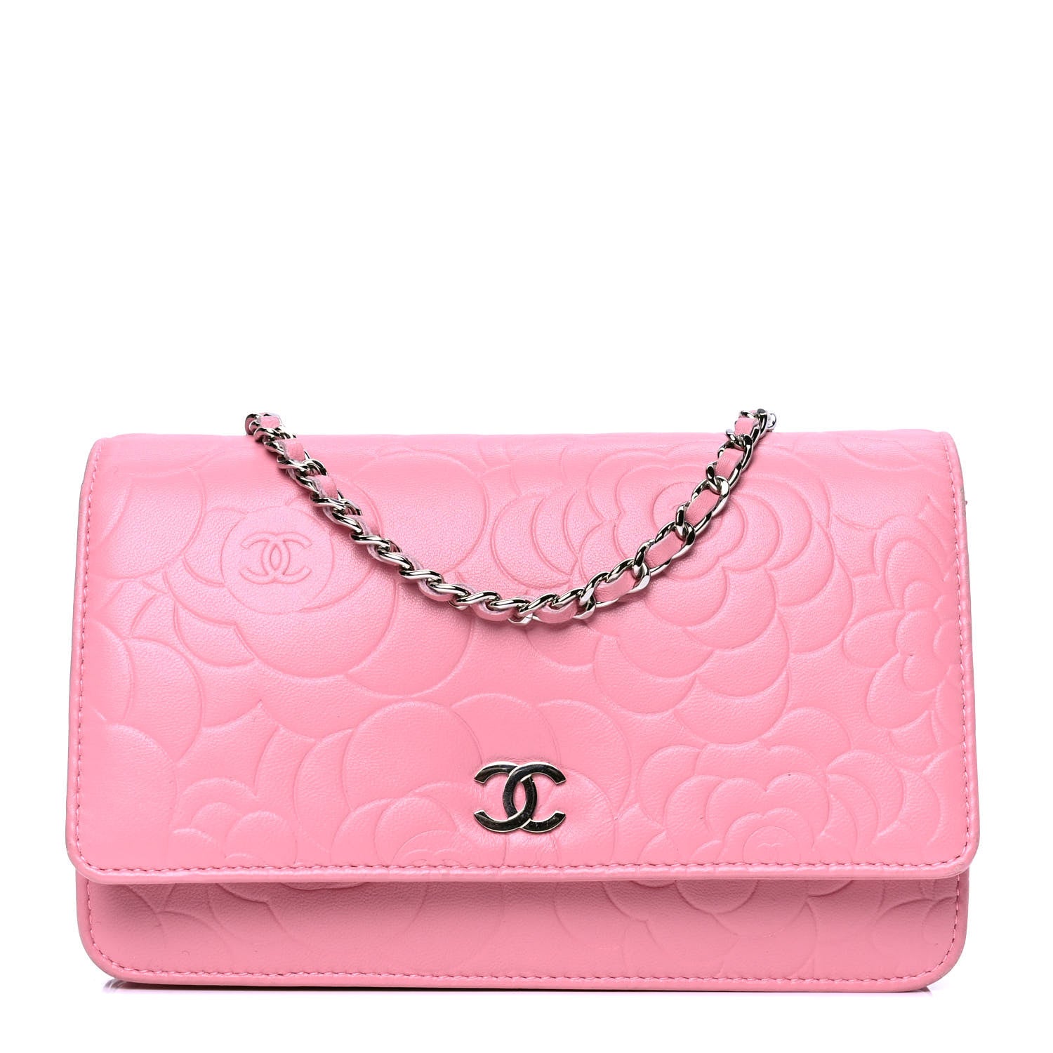 Chanel Lambskin Camellia Embossed Wallet On Chain WOC Pink 1 of 6