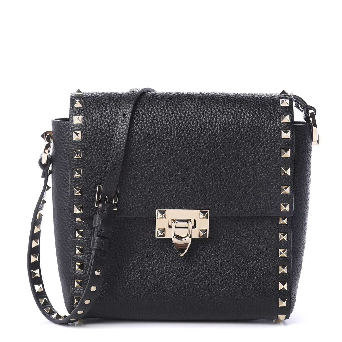 Pebbled Calfskin Rockstud Flip Lock Flap Messenger Black