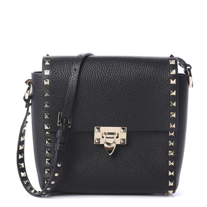 Valentino Garavani Pebbled Calfskin Rockstud Flip Lock Flap Messenger Black 1 of 8