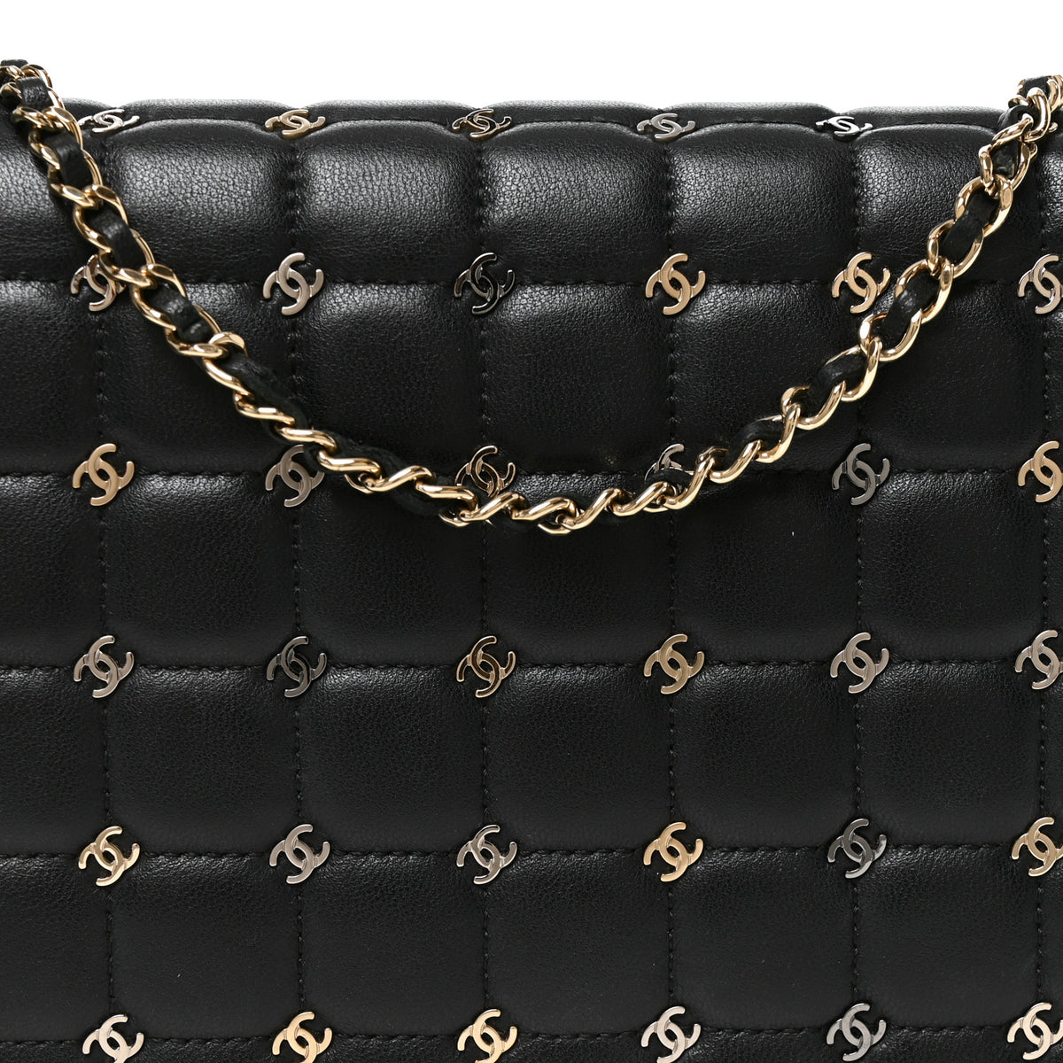 Lambskin Chocolate Bar Piercing CC Studded Small Chain Flap Bag Black