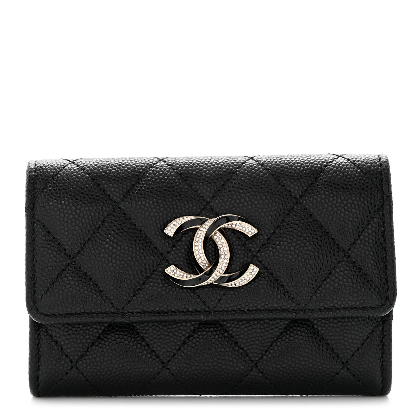 Caviar Quilted Crystal Enamel CC Flap Card Holder Black
