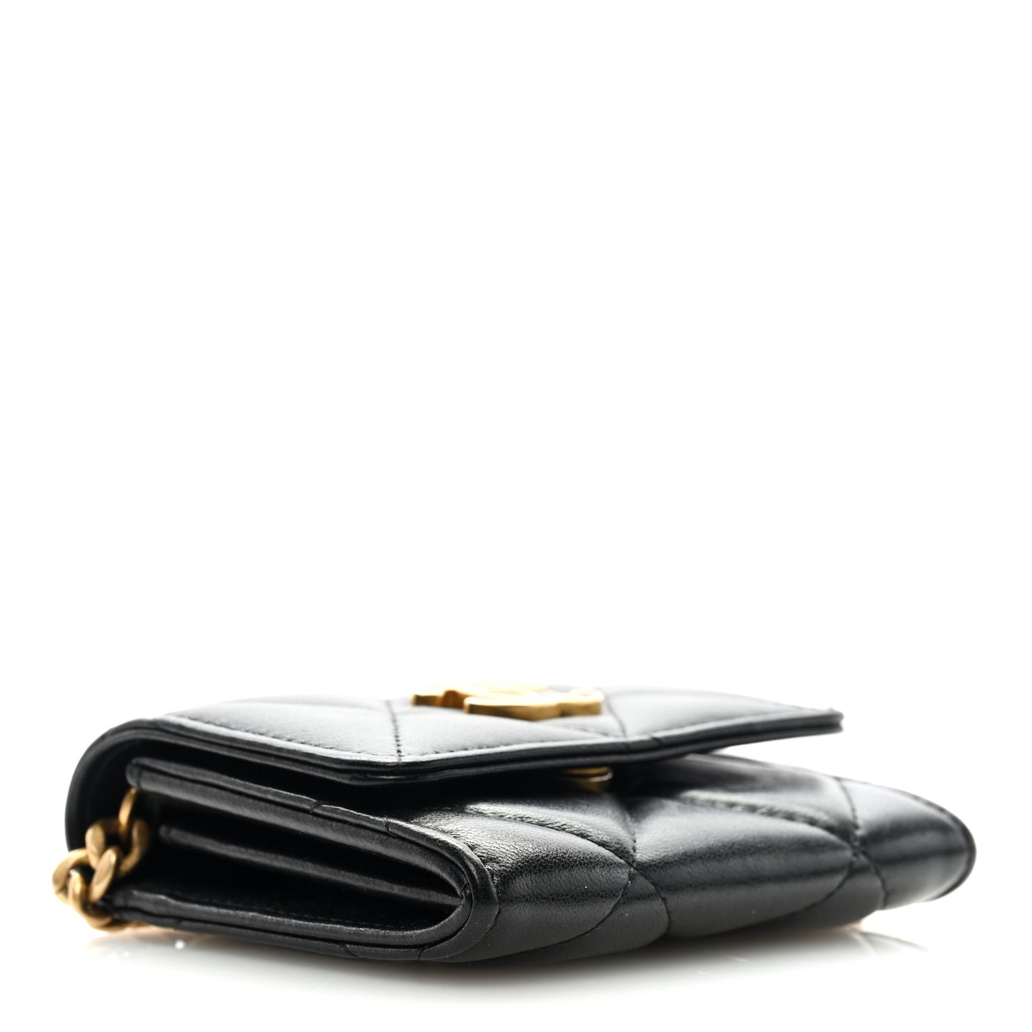 Lambskin Enamel Quilted Pending CC Card Holder On Chain Black
