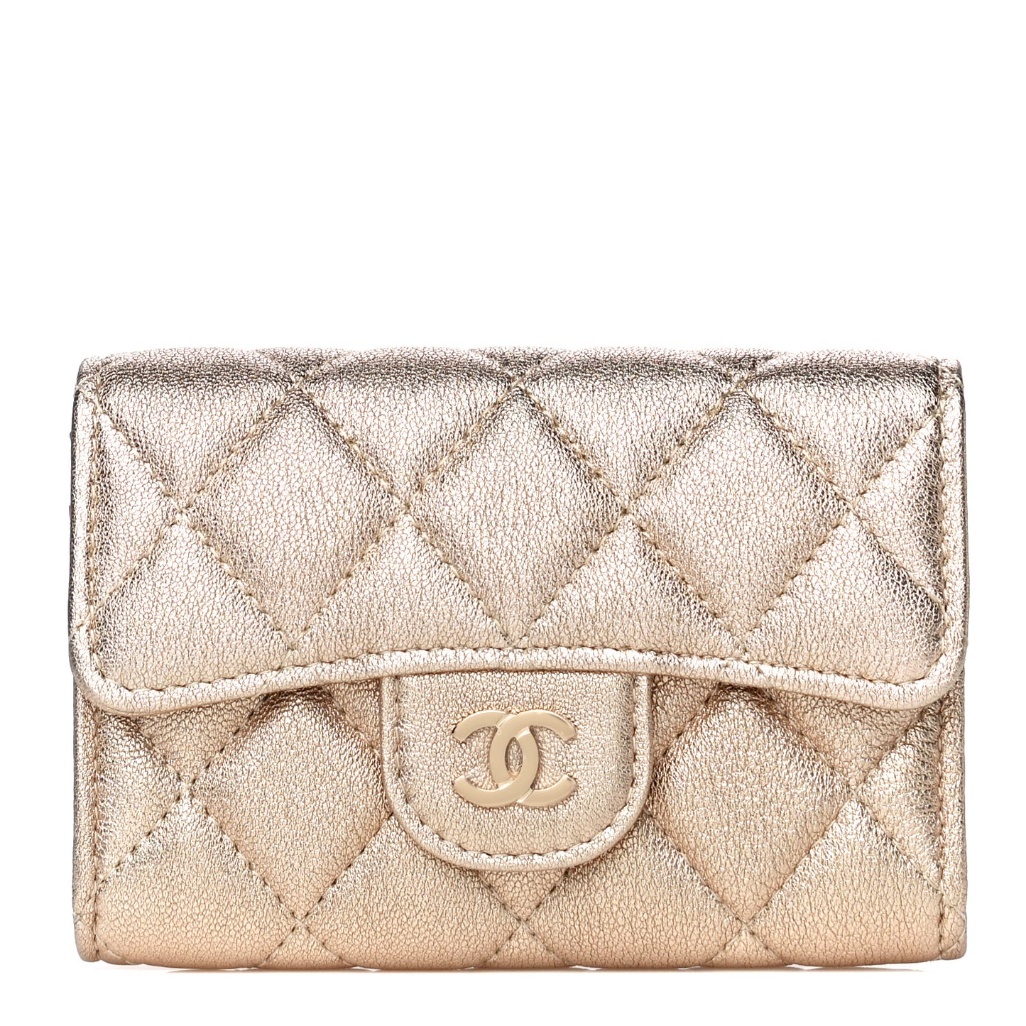 Metallic Lambskin Quilted Flap Card Holder Wallet Gold