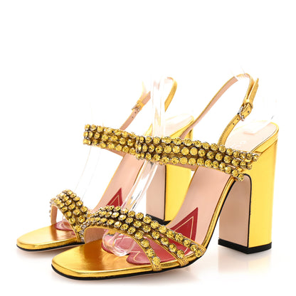 Gucci Nappa Silk Crystal Bertie High Heel Sandals 37.5 Gold 4 of 9