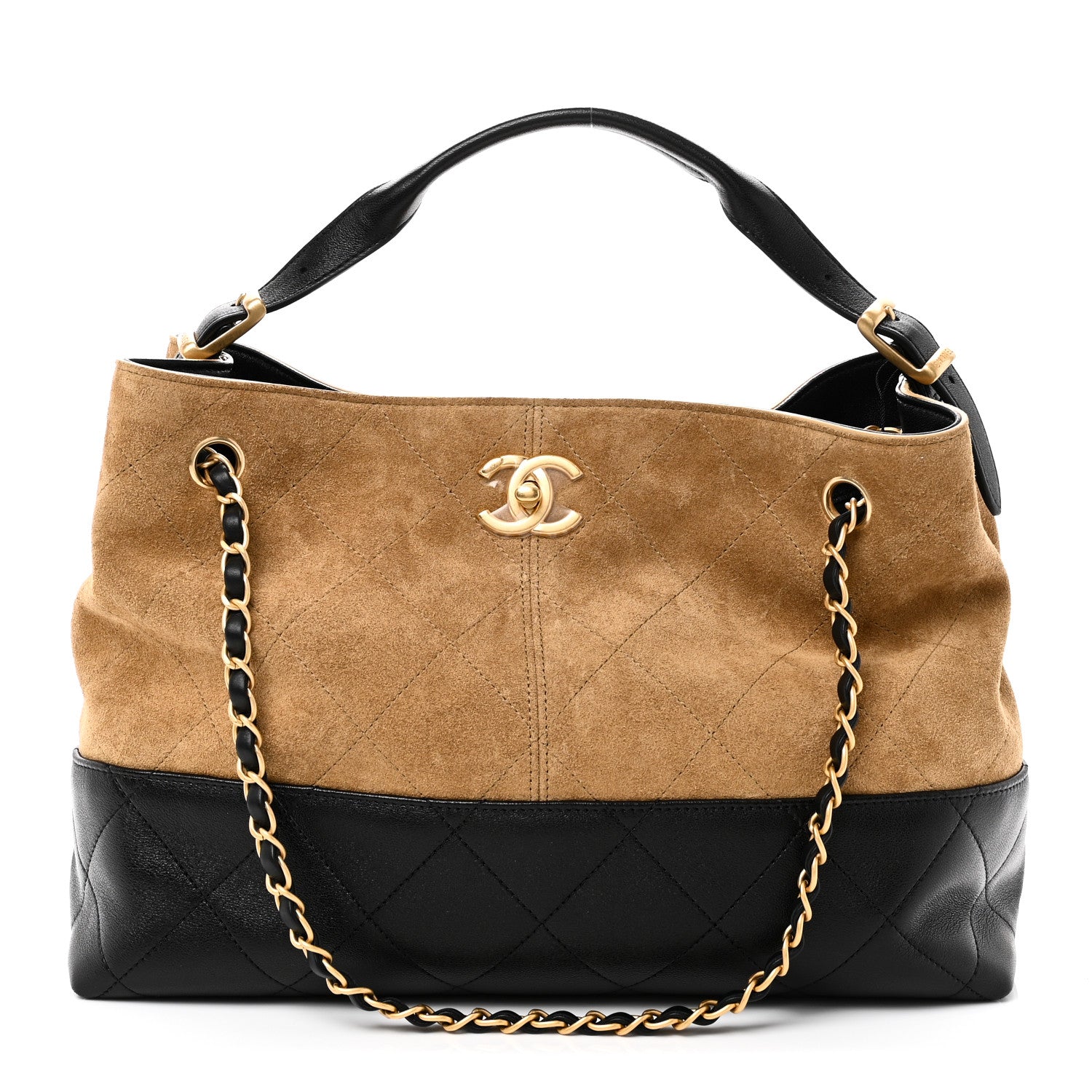 Chanel Suede Calfskin Shiny Lambskin Quilted Small Coco Base Shopping Bag Beige Black 1 of 10