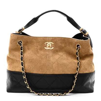 Chanel Suede Calfskin Shiny Lambskin Quilted Small Coco Base Shopping Bag Beige Black 1 of 10